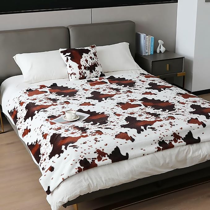 Brown Cow Faux Fur Throw Blanket 50''x60'', 480 GSM Double Sided Outdoor Lap Throw, Soft Cozy Warm Blanket for Bed Couch Sofa Office, Camping Shaggy Plush Furry Travel Blankets for Women, Men