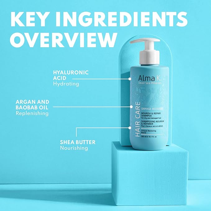 Alma K Nourish and Repair Shampoo - Moisturizing Shampoo for Women - Hair Growth Shampoo - Hydrating Shampoo with Argan Oil, Shea Butter - 10.1 oz