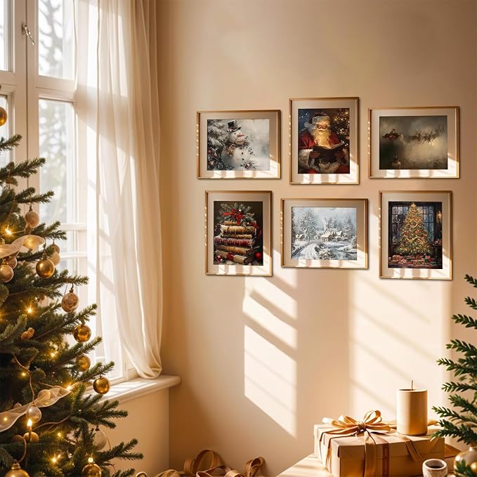 Vintage Christmas Santa Poster Set of 6, Santa Claus Pictures Wall Art Christmas Tree Wall Decor Painting Rustic Holiday Canvas Print Artwork for Living Room Farmhouse 12x16 inch Unframed