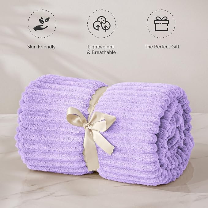 BEDELITE 3D Ribbed Pastel Lilac Fleece Throw Blanket for Couch, 50x60 Inch | Soft Warm Decorative Fluffy Blanket, Cozy Plush Lightweight Fuzzy Throw Blanket for Bed Sofa Home Room Decor, Gift for Women
