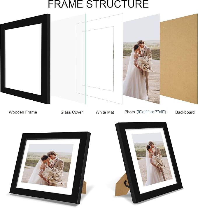 Hongkee 9x11 Picture Frame Set of 4, Made of Real Glass and Black Frame - Display Picture 7x9 with Mat or 9x11 Without Mat, 9 by 11 Photo for Wall or Tabletop