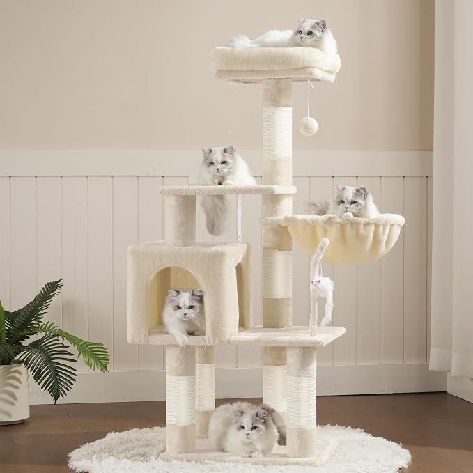 Heybly Cat Tree with Toy, 43.3 inch Cat Tower for Indoor Cats HCT004SM | Cat Condo with Durable Sisal Scratching Posts, Cat House with Padded Plush Perch, Cozy Hammock, Beige