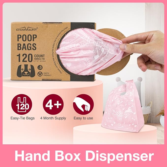 Charmount 120 Counts Unscented Dog Poop Bags Rolls with Handles | 16"x8"Extra Thick Pet Waste Bag, Leak Proof and Easy Tie, Cat Litter Bags, Pink