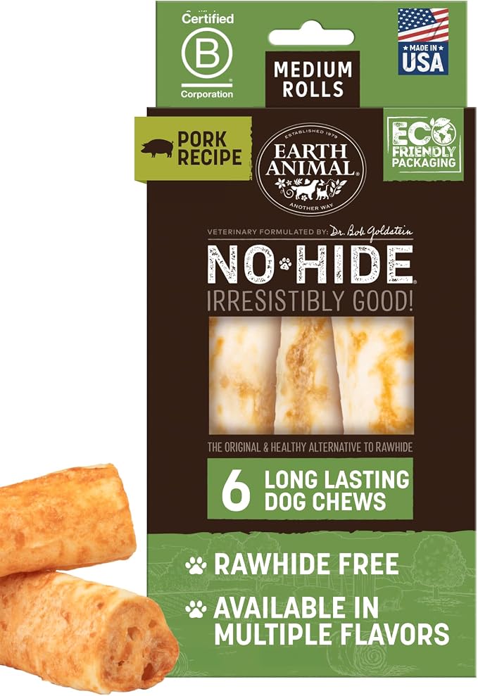 Earth Animal No Hide Dog Chews - Rawhide Free Medium Rolls 6 Count Pork | Medium Pork Flavored Natural Rawhide Free Long Lasting Dog Chews - Treats for Medium Dogs and Aggressive Chewers