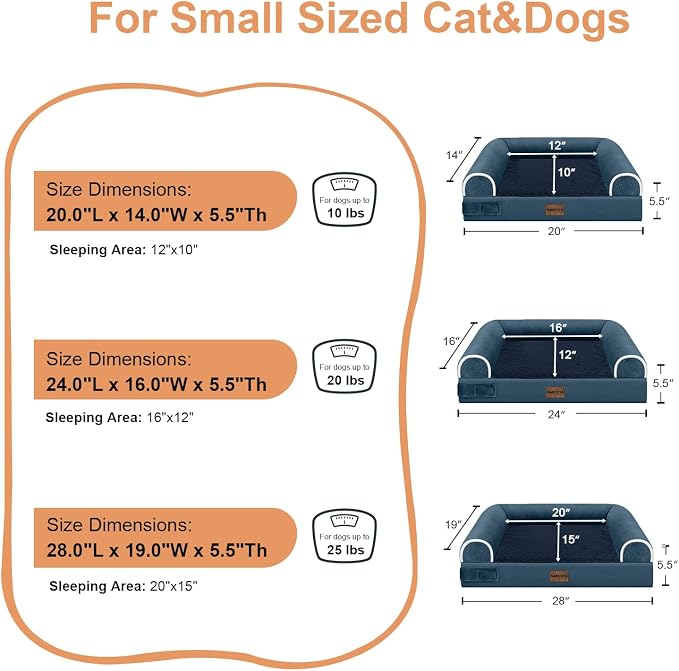 Orthopedic Dog Bed for Medium Dogs, 28 x 19 Inch, Navy Blue | Egg crate foam for joint support, 3-sided bolster pet sofa, waterproof lining, washable cover, and non-skid base