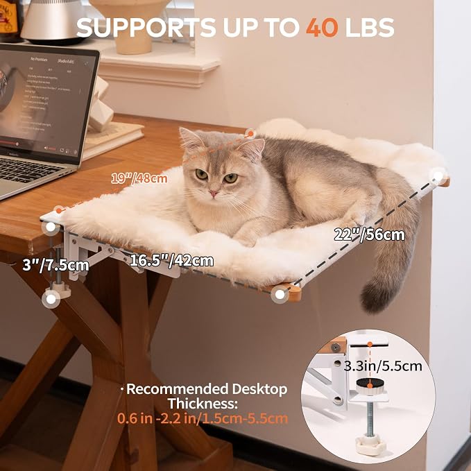 CHEERPALS Cat Desk Bed with Cushion Washable, 90°Fold Down Cat Hammock for Desk Mounted, Indoor Cats Furniture Supports 35lbs Suitable for Small-to-Medium Cats(White)