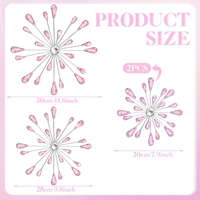 Hicarer 4 Pcs Starburst Wall Decor Bling Wall Art Crystal Teardrop 3D Hanging Rhinestone Radial Metal Artwork Modern Accent Sculptures Decorations for Living Room Home Office Bedroom(Pink)
