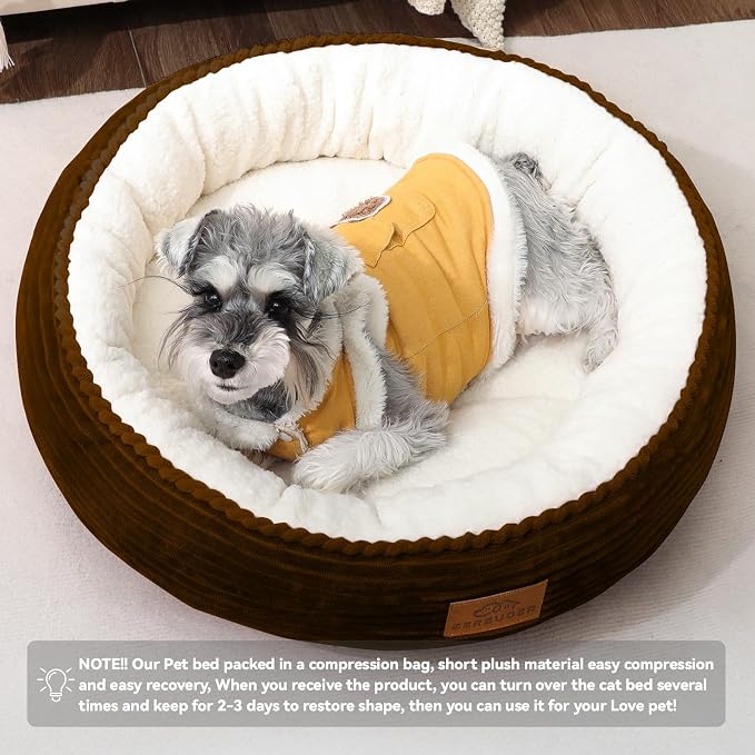 Zerbuger 23in Brown Round Dog Bed Sofa for Dogs Cats, Machine Washable | for Small/Medium/Large Dogs Cats, Foam Pet Couch with Removable Mat Non-Slip Bottom, Pet Cuddler for Indoor/Outdoor/Car/Cage