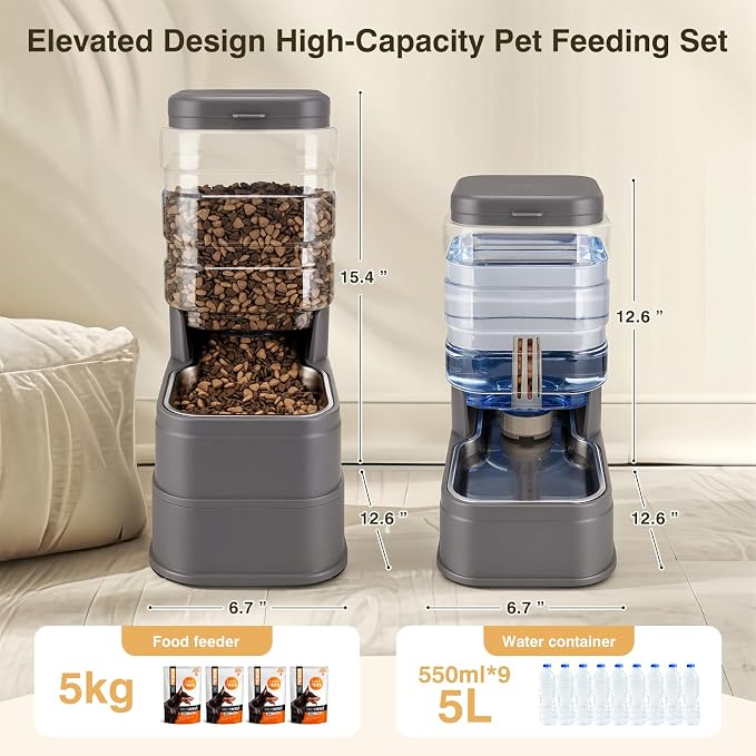 2 Pack Automatic Cat Feeder and Water Dispenser 1.3 Gallon Dog Gravity Food Feeder and Water with Ice Pack Stainless Steel Dry Food and Water Bowl for Small Medium Large Pets (Grey)