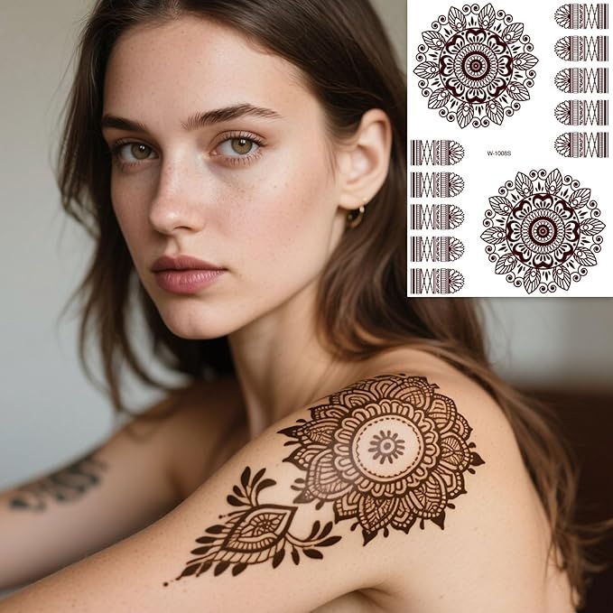 6 Sheets Henna Tattoos Temporary Stickers Reddish Brown Floral Geometric Waterproof Henna Tattoos for Women Indian Diwali Supplies Wedding Party Festivals Decoration