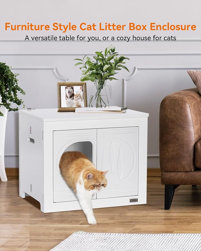 PETSFIT Cat Litter Box Enclosure Folding Furniture, Unfold to Use, No Assembly Needed, Litter Box Furniture as Cat House, End Table, Fit Most of Litter Box (White)