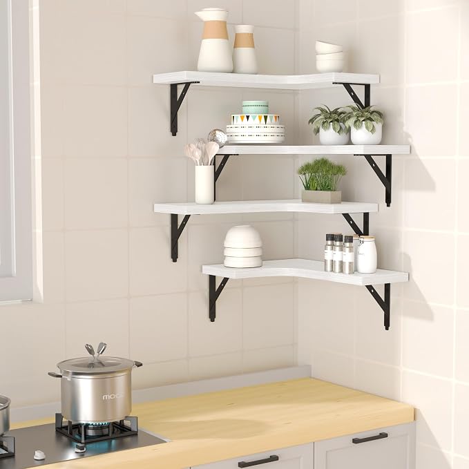 ROMGUAR CRAFT Corner Floating Shelves Wall Mounted Set of 4, Rustic Wood Storage Display Shelves for Home Decor, Bathroom, Kitchen, Bedroom, Living Room, Office (White)