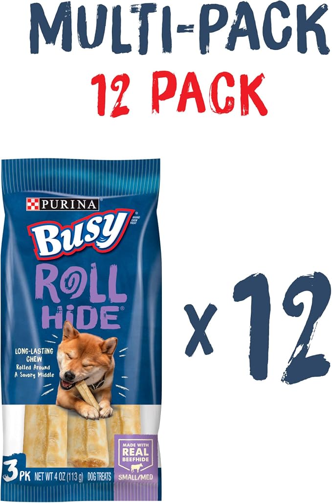 Purina Busy Rawhide Small/Medium Breed Dog Bones, Rollhide - (Pack of 12) 3 ct. Pouches | Basted beefhide exterior with a savory middle and no artificial colors or flavors, long lasting chew that helps clean teeth
