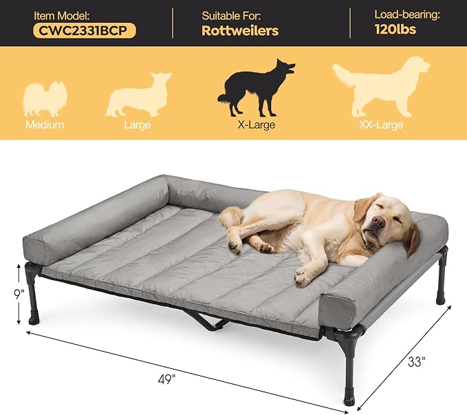 Veehoo Outdoor Elevated Dog Bed with Waterproof Bolster Cushion, Cooling | Raised Dog Bed with Removable & Washable Mat Topper, Breathable Mesh, Dog Couch Cot for Indoor Outdoor, 49", Large, Grey