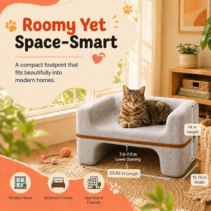 Large Cat Bed for Indoor Cats, 2-Tier Cat Cave Bed with Top Lounge & Lower Hideaway, Washable PET Felt Cat Sofa for Living Room, Bedroom, Apartment, Scratch-Friendly Cat Furniture, Light Gray