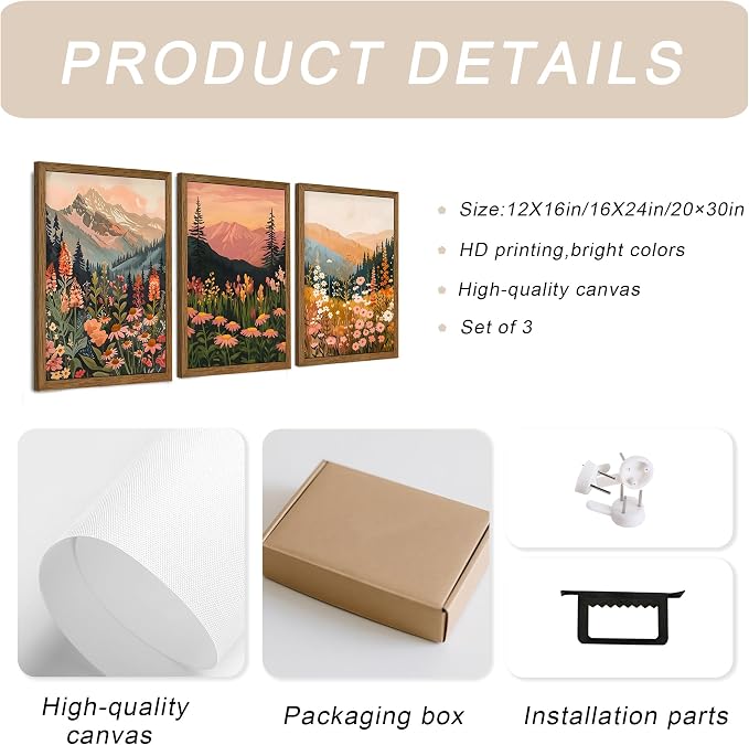 WRFON Botanical and Flower Canvas Wall Art, Framed Mountain Landscape Wall Art Set of 3, Wildflower Meadow Canvas Print, Rustic Nature Decor for Living Room Bedroom Cabin Lodge Farmhouse Decor, 20x30