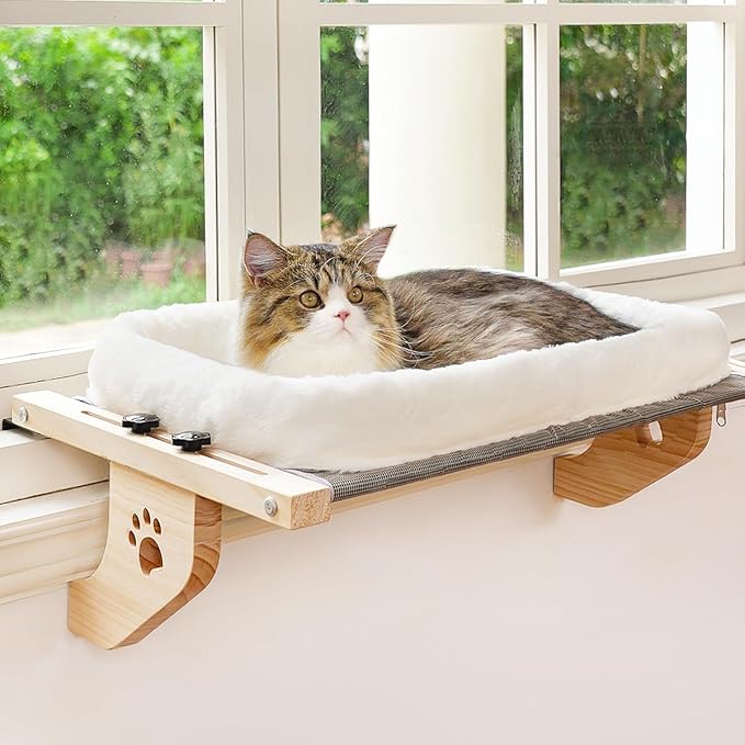 AMOSIJOY Wooden Cat Windowsill Perch with Zipper Cushion Bed, 27.5in | Sturdy Wood & Metal Frame Hold up to 40lbs, Machine Washable, Easy to Adjust, Hook-on Mounting Cat Hammock Seat for Large Cat