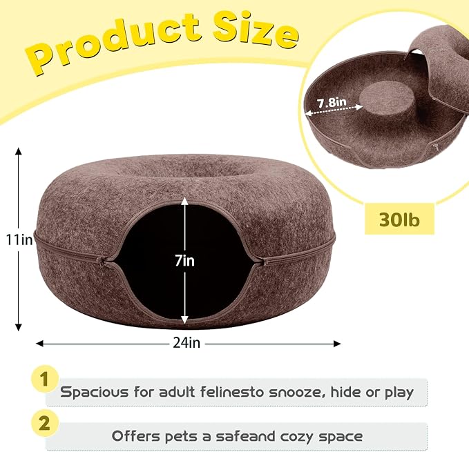 Cat Caves for Indoor Cats, Large Cat Tunnel for Multiple & Large Cats, Scratch Detachable Cave Bed, Kitten Donut Kitty Hideaway Up to 45 Lbs (Brown, Large, 1 Pack)