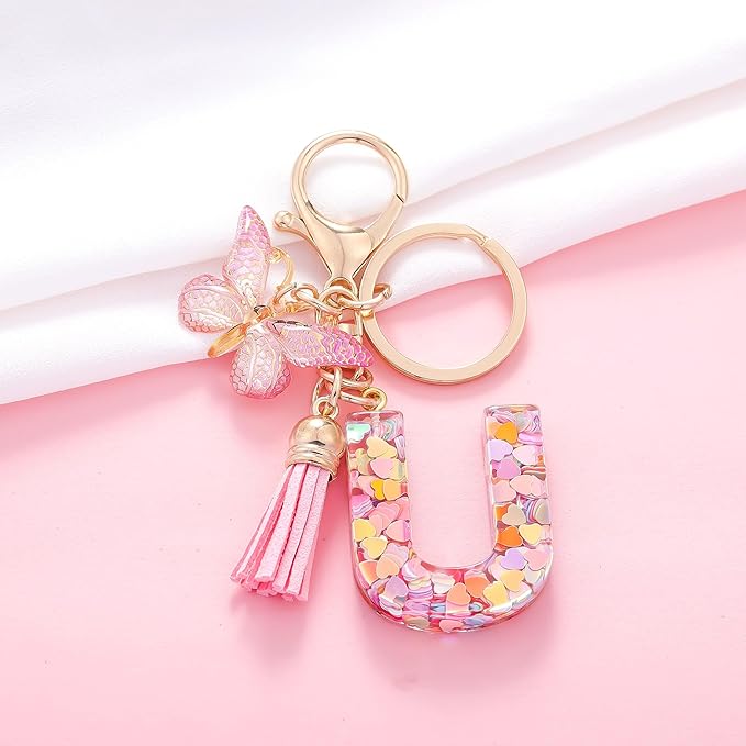 Fashion Alphabet Initial Letter Keychain Tassel Butterfly Pendant Key Ring for Purse Handbags Women Girl