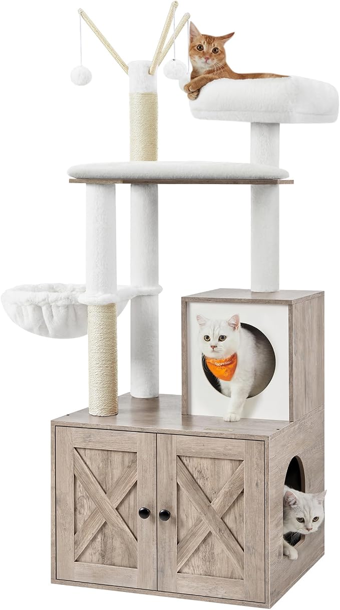Feandrea Cat Tree with Litter Box Enclosure, 59-Inch Modern Cat Tower | 2-In-1 Condo with Scratching Posts, Washable Removable Cushion, Greige UPCT113G01