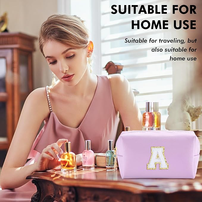 URSKYTOUS Gifts for Girls Initial Makeup Bag Personalized Cosmetic Bag with Zipper Cute Travel Toiletry Bag Waterproof PU Preppy Makeup Pouch Birthday Gift for Teen Girls Women(Purple A)