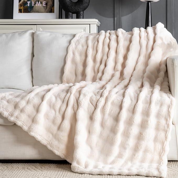 Off White Faux Fur Throw Blanket for Couch, Soft Fluffy Bubble Blanket for Bed Sofa, Thick Warm Plush Fuzzy Rabbit Fur Blanket for Fall and Winter, 50"X 60"