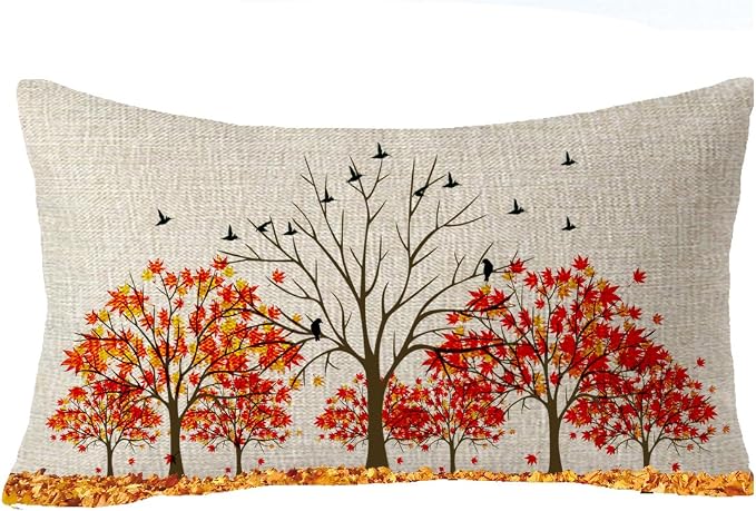 Autumn Throw Pillow Cover 12" x 20'' inches Linen Red Maple Leaves | Boho Pillow Covers Soft Family Home Gift Cushion Case Decorative