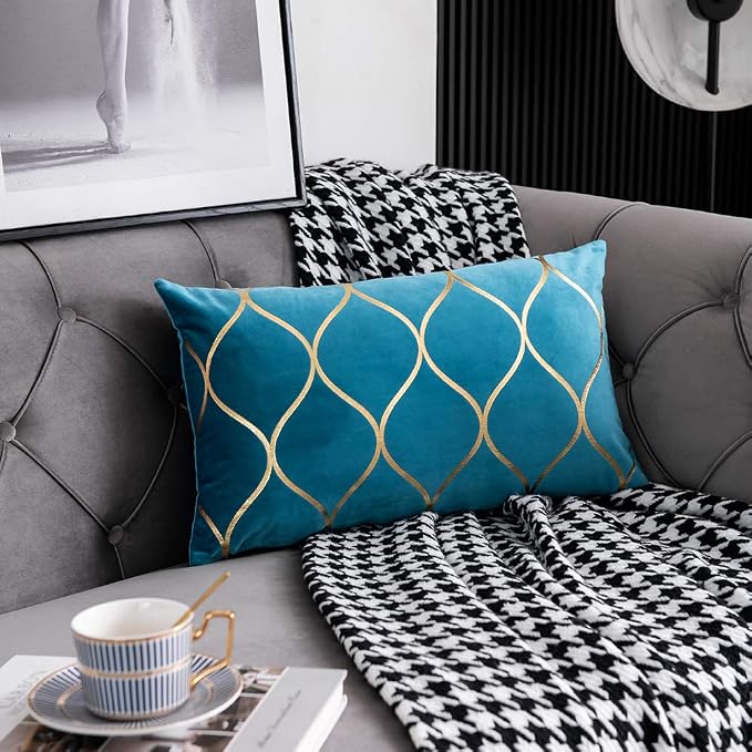 12x20 Inch Gold Velvet Throw Pillow Covers: 2 Pack Rectangular Decorative Pillow Cases for Bedroom Sofa Couch Living Room, Turquoise