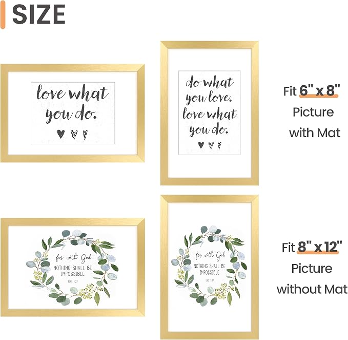 upsimples 8x12 Picture Frame, Gallery Wall Frames Set of 5, Gold | Photo Frame Collage Wall Decor, 6x8 Picture Frame with Mat for Family, Baby, Wedding, Hallway, Christmas