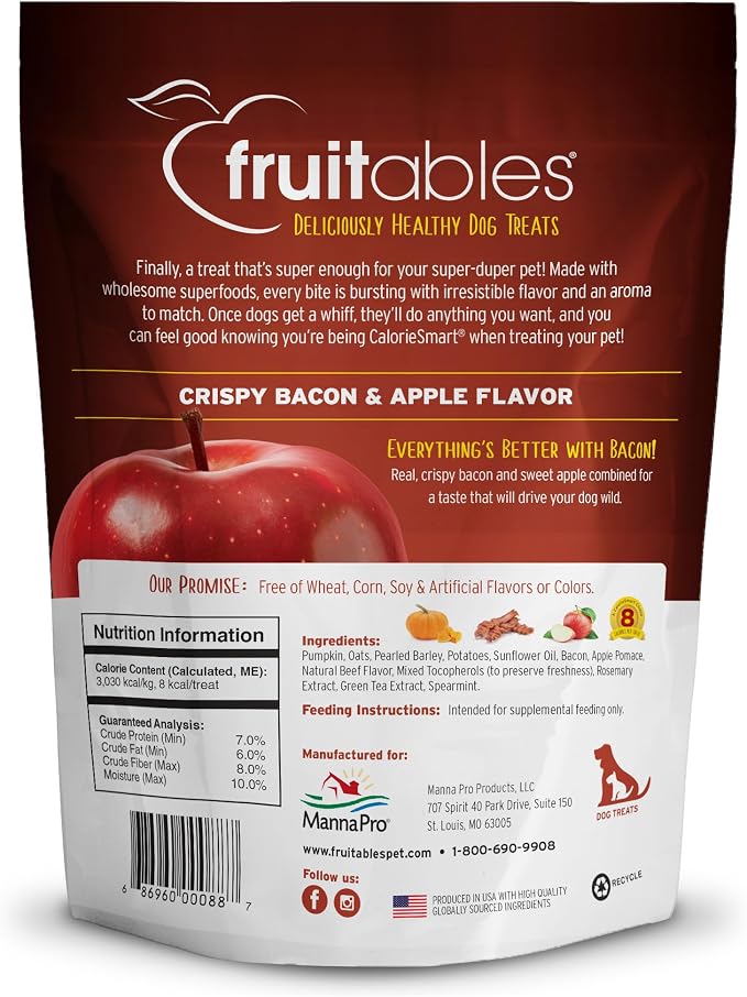 Fruitables Baked Dog Treats, Healthy Pumpkin Treat for Dogs, Low Calorie & Delicious, Free of Wheat, Corn and Soy, Made in the USA, Apple and Crispy Bacon Flavor, 12oz (Pack of 2)