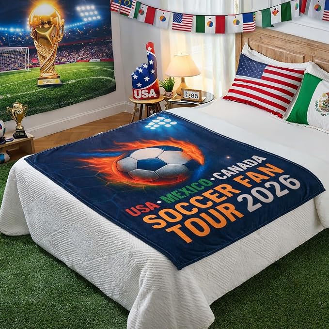 Soccer Fan Tour 2026 Throw Blanket, Soft Flannel Football Season Blanket for Couch Bed, Game Day Soccer Gift for Men Women Kids