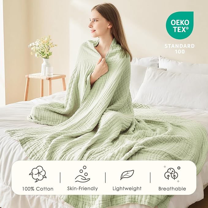 EMME Muslin Blankets for Adults Throw Blanket for Couch Breathable Gauze Soft Lightweight Airy Mint Green Throw 50"x60"