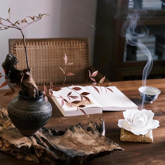 Ceramic Passive Essential Oil Diffuser, Aesthetic Desktop Handmade Flower & Concrete Base, Porcelain Aromatherapy Oils Diffuser for Home, Office, Yoga, Spa Room (White Rose)