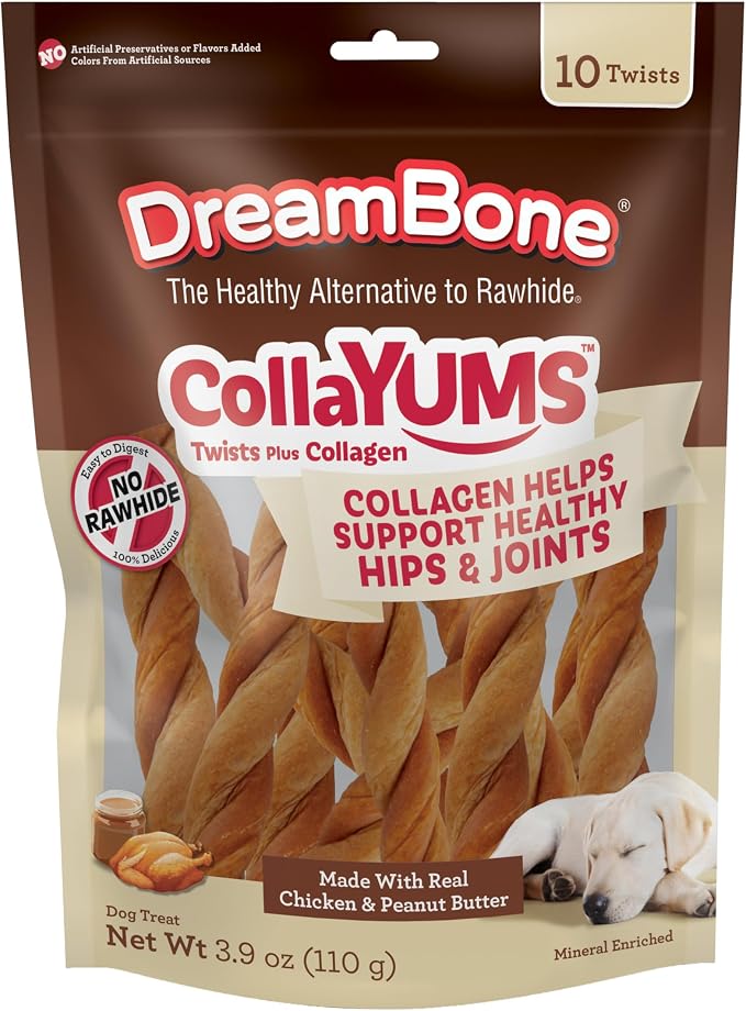 DreamBone CollaYUMS Twists Plus Collagen Rawhide-Free Dog Treats, 10 Count | Supports Hip and Joint Health, Daily Chew, Digests Safely and Completely, With Real Chicken & Peanut Butter, For Adult Dogs