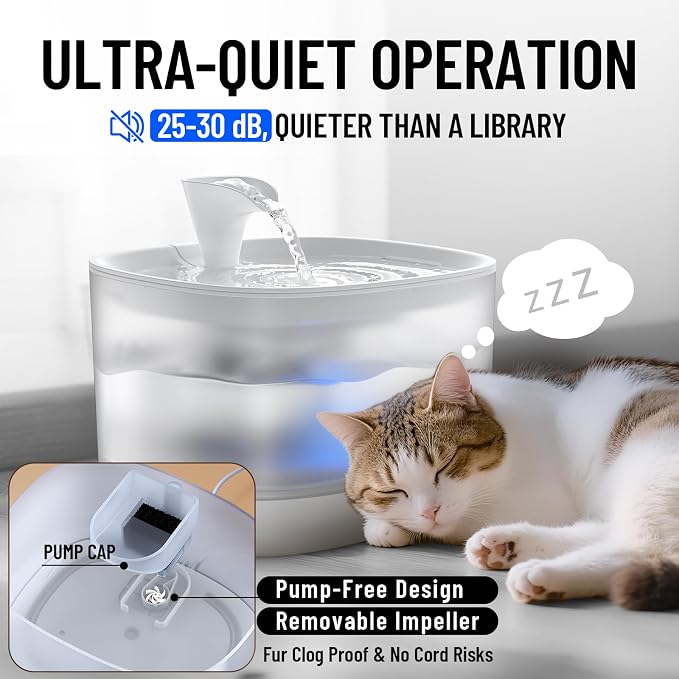 Veken 85oz/2.5L Cat Water Fountain with Detachable Tank for Cat, Dog, White | Easy to Clean & Assemble, Pet Drinking Dispenser with Quiet Operation & LED Light, Small Pets