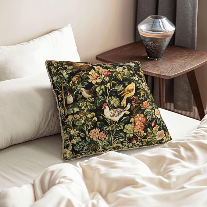 Vintage Birds Floral Velvet Pillow Cover 18x18 Inch Green Leaf Red Flowers Throw Pillows for Couch Farmhouse Cushion Covers Chicken Pillowcase Black Chinoiserie Pillow Case for Sofa Bed Outdoor Decor