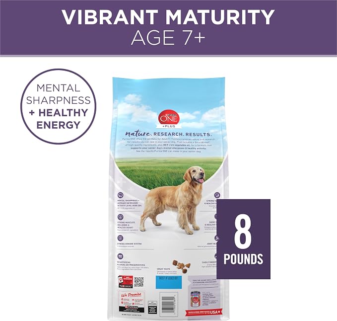 Purina ONE Plus Senior Dry Dog Food, Adult 7+, 8 lb Bag | Vibrant Maturity formula for mature 7+ dogs, real chicken as the first ingredient, promotes metal sharpness in senior dogs