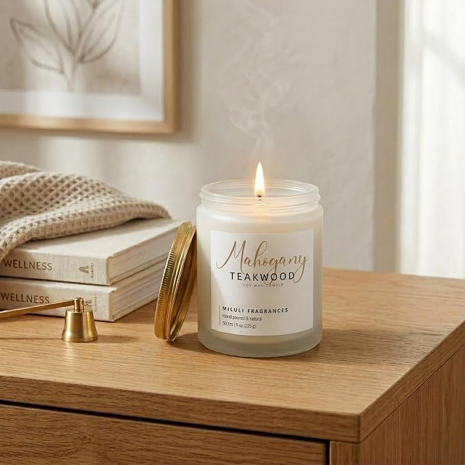 Mahogany Teakwood Scented Candles for Home - 15% Essential Oil Luxury Aromatherapy - Handmade Natural Soy Wax Candle for Women Men Relaxation - 9oz Frosted White Jar,50H Clean & Non-Toxic Burn