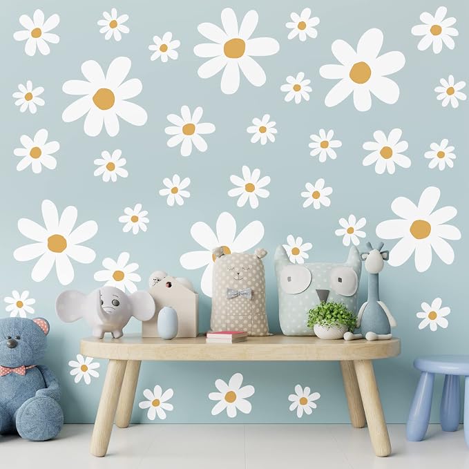 TaoBary 12 Sheet Daisy Wall Sticker Decal,White, Yellow,Cute Style | Big Flower Wall Sticker, Pink White Floral Decal, Daisy Bedroom Room Decor, Removable Peel and Stick, Nursery Home Wall Decor
