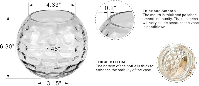 7.5" Dia Handmade Sturdy Dimpled Bubble Glass Vases, Bubble Planter Terrarium, Bud Vase, Fish Bowl Hurricane, Globe Flower Vase, Hurricane Candle Holder (7.5"x6.3", Bowl)