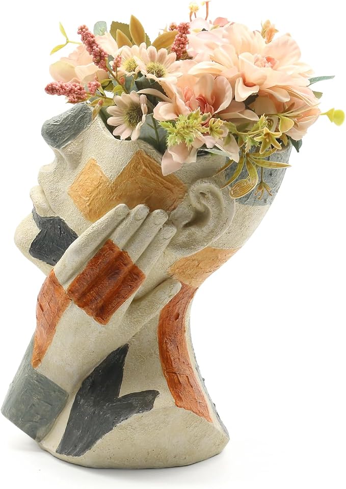 Lukitas Abstract Face Planter, Faux Sandstone Decorative Vase, Resin 10.5'' | Colorful Artistic Flower Plant Pot for Garden Patio Living Room Desk Shelf Decor