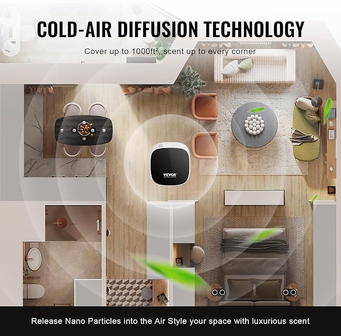 VEVOR Scent Air Machine for Home, 100ML Smart Essential Oil Diffuser with Cold Air Tech, Waterless Scent Air Diffuser with USB & Battery Powered, Cover Up to 1000 Sq.Ft for Living Room, Bath Room, Spa