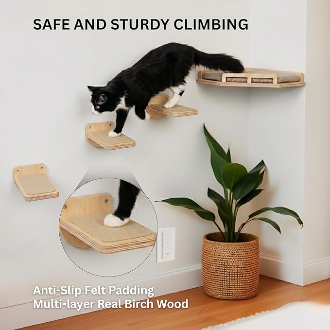 INICIO Cat Wall Shelves - Corner Shelf with Cushion and 3 Cat Wall Steps | Sturdy Cat Shelves for Wall - Stairs & Perch for Indoor Cats up to 15lbs - Natural Birch Wood for Safe Climbing and Playing