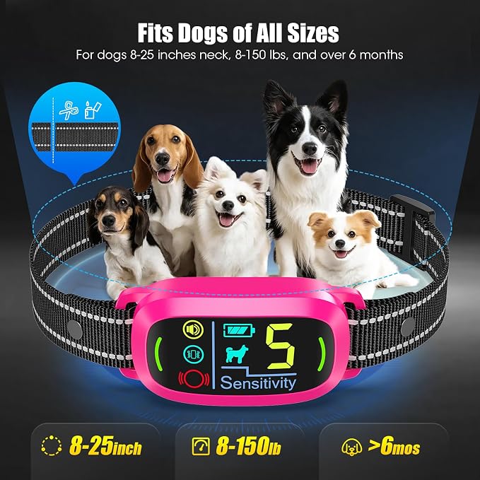 Bark Collar for Small Medium Large Dogs with 5 Training Modes,HotPink | AI Bark Recognition, Effective Anti Barking Device with 5 Sensitivity Levels, Rechargeable IP67 Waterproof Anti Bark Collar