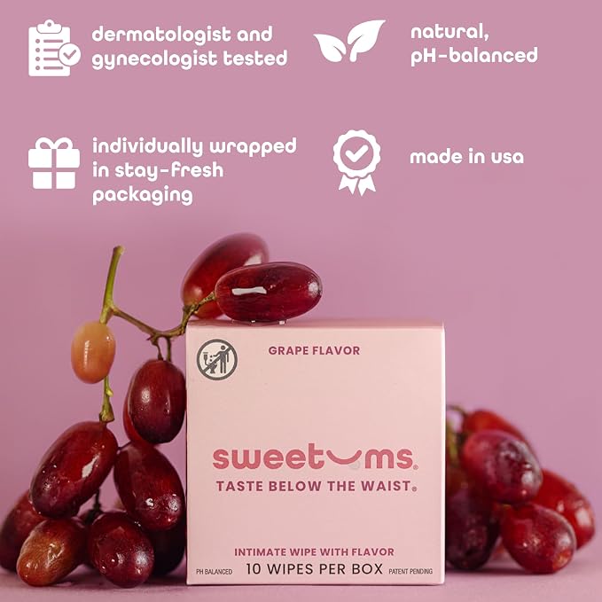 Sweetums Feminine Wipes For Women, Individually Wrapped - pH Balanced Flavored Intimate Wipes - Grape, Pack of 10