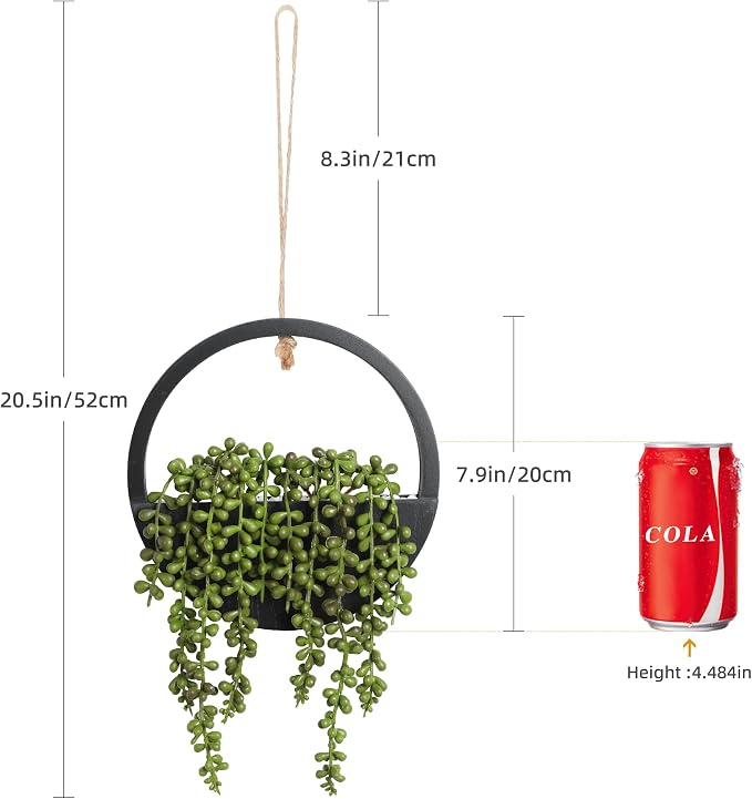 2pcs Artificial Succulents Hanging Plants 12.2'' Fake String of Pearls in Pot with 8.3'' Lanyard for Indoor Outdoor Wall Decor (Black).