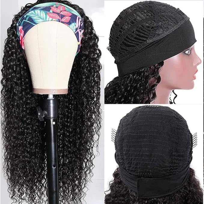 Human Hair Headband Wig Curly Human Hair Wigs for Black Women Brazilian Virgin Hair Glueless None Lace Front Wigs 150% Density (16" Headband wigs)