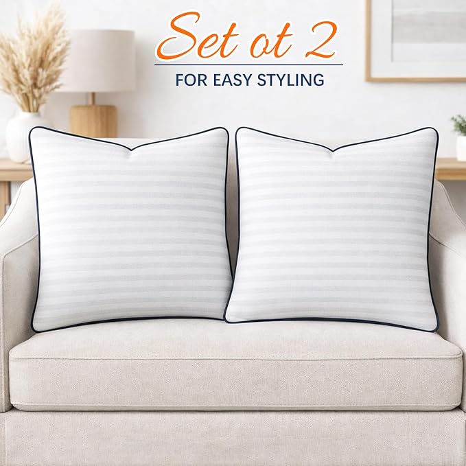Yettbea 18x18 Inches Pillow Inserts Set of 2- Premium Soft Down Alternative Fill, Decorative Throw Pillows for Couch, Bed & Sofa, Supportive White Striped Bedroom Pillow Forms