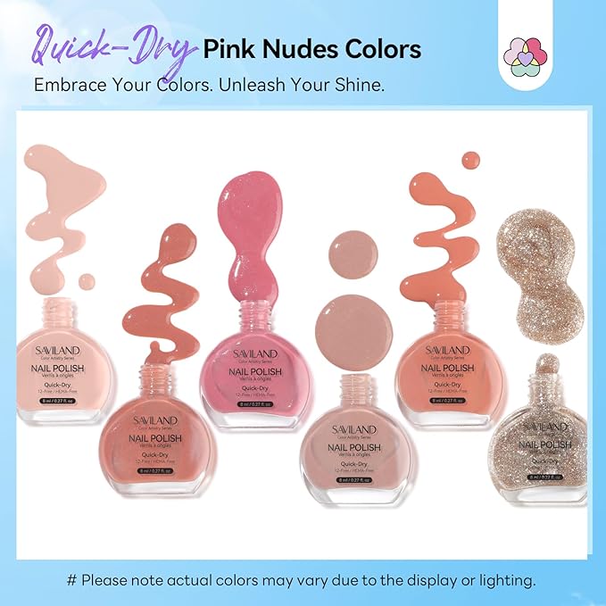 SAVILAND Nude Nail Polish Set: 6Pcs Classic Neutral Glitter Colors Quick Dry Nail Polish Fall Winter Mini 12-Free Fingernail Polish Vegan Nail Toes Lacquer DIY Manicure Women Gift Home Use