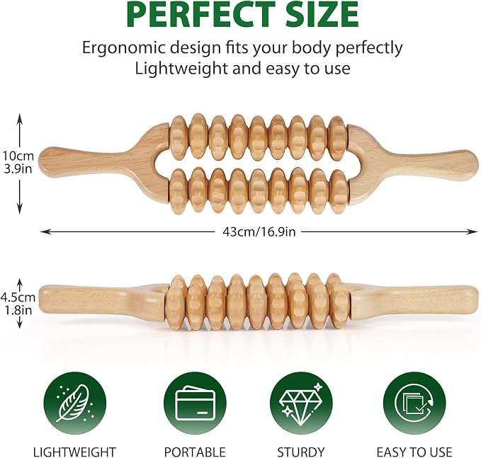 Liitrton Wood Therapy Massage Tools, Double Row Massage Roller Stick, Wooden Rollers for Massage Lymphatic Drainage Cellulite Reduction and Muscle Tension (Double-9‑Wheel)